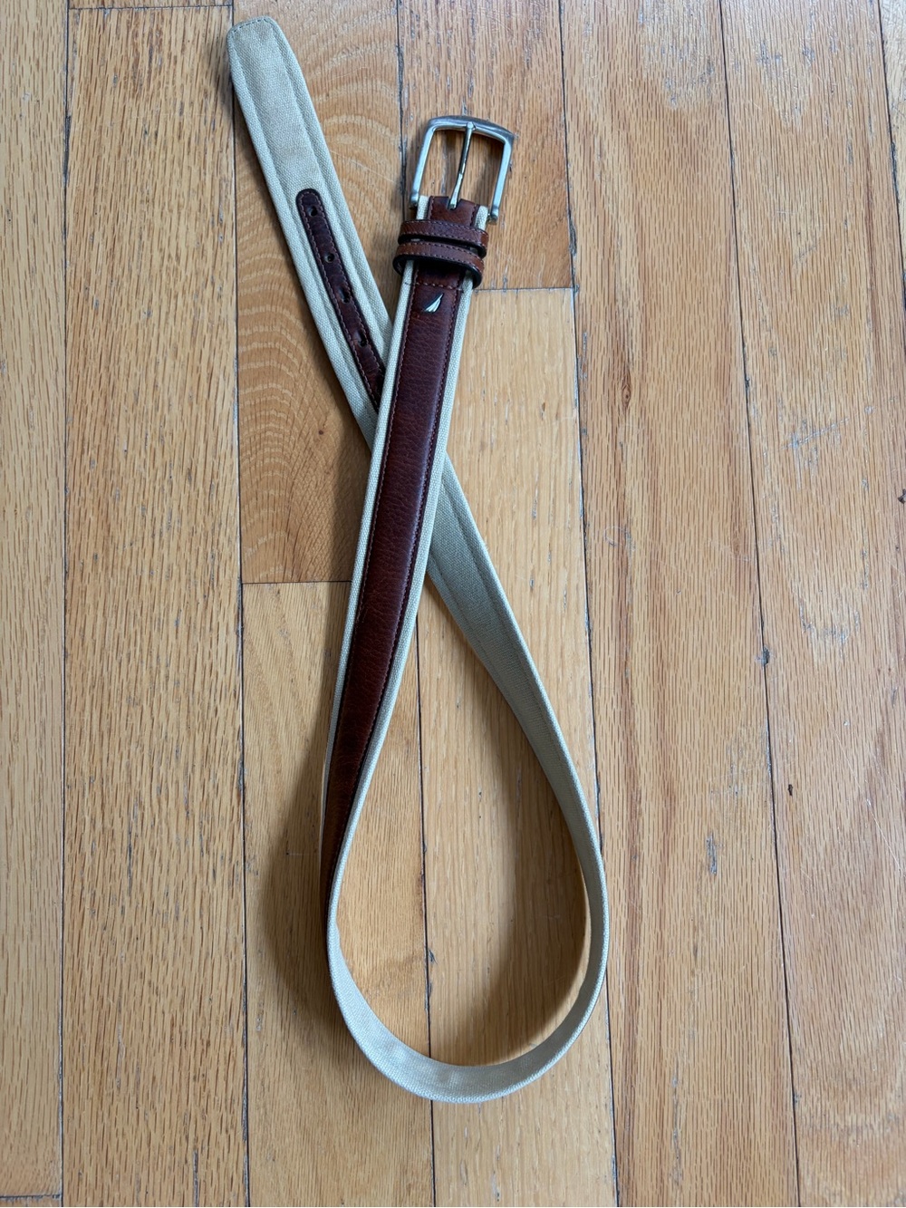 Nautica 34" Brown Leather & Cream Canvas Men’s Belt